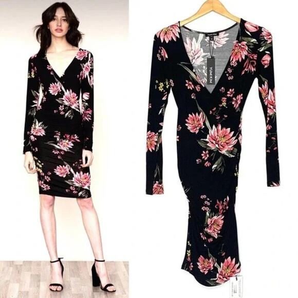 YUMI KIM Take Me Out Dress Rebel Fleur Black Size XS Floral NWT Ruched Jersey - Picture 1 of 9